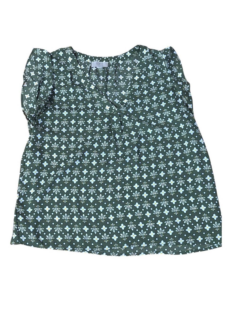LOFT Green Printed Split-Neck Flutter Sleeve Blouse - Picture 2 of 4